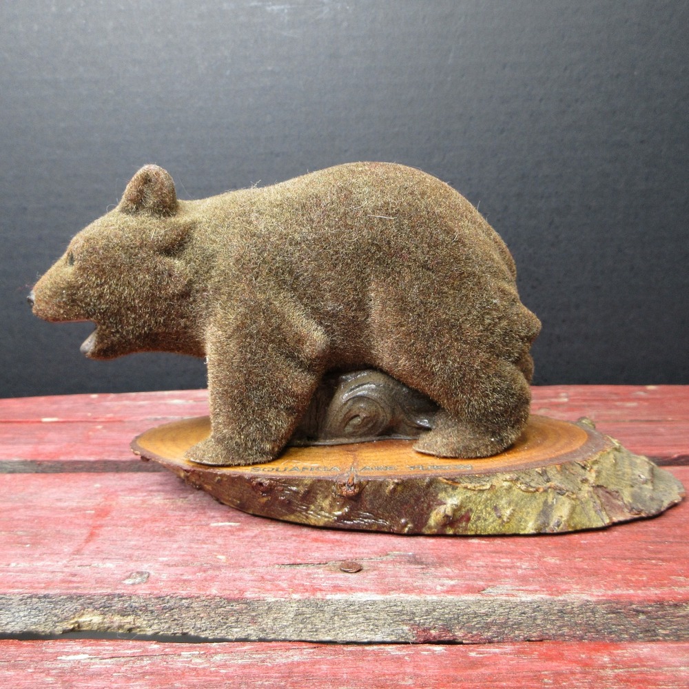 Vintage Flocked Brown Bear Figurine Souvenir Squanga Lake Yukon Canada